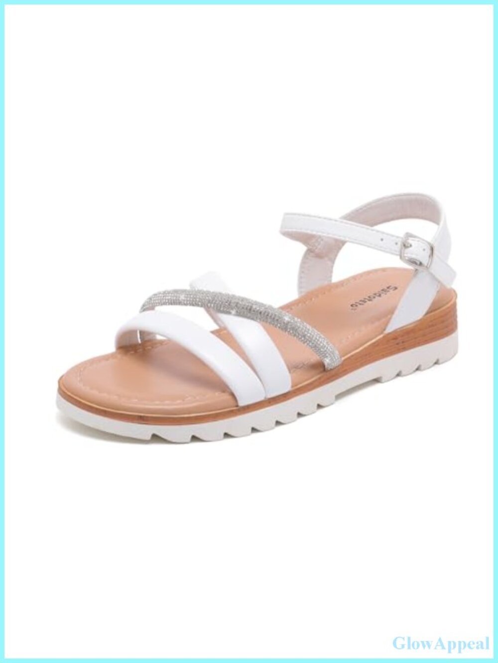 Womens Rhinestone Strappy Flat Sandals Faux Leather Summer Walking Sandals with
